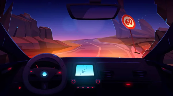 Nacht Felsigen Bergstraße Auto Fahren Innenansicht Vektor Illustration Geschwindigkeitsschild Auf — Stockvektor