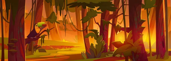 Karikatur Tropischer Wald Mit Tukan Auf Baum Vektorillustration Eines Exotischen — Stockvektor