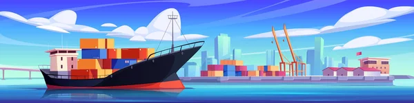 海上港や街並みを背景にした漫画貨物船 海上港にドッキングされたコンテナを搭載した貨物船のベクトル図 輸出品の輸送 — ストックベクタ