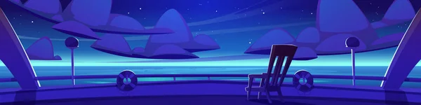 夜景と漫画ヨットデッキ ボード上の残りのための木製の椅子と豪華クルーズ船のベクトルイラスト 手すりにライフブイ 暗い空に輝く星 夏の航海 観光バナー — ストックベクタ