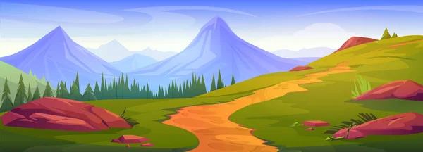 Cartoon mountain landscape with foothpath and pine forest. Vector illustration of majestic peaks on horizon, green grass, tall trees, stones on ground. Summer scenery for hiking, recreation travel