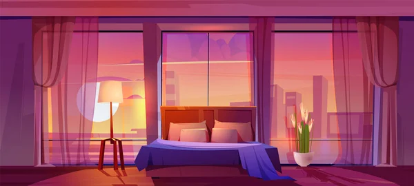 Υπνοδωμάτιο Εσωτερικό Δωμάτιο Θέα Στο Ηλιοβασίλεμα Cityscape Διάνυσμα Φόντο Μοντέρνο — Διανυσματικό Αρχείο