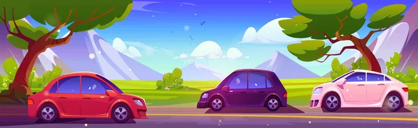 Autostrada Con Auto Contro Paesaggio Montano Illustrazione Dei Cartoni Animati — Vettoriale Stock