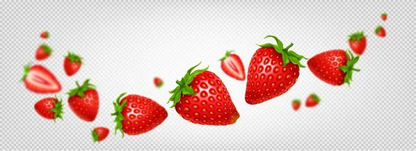 Isolierter Vektor Erdbeerfruchtschnittwelle Realistischer Roter Frischer Fliegender Schnitt Und Vollbeerenfutter — Stockvektor