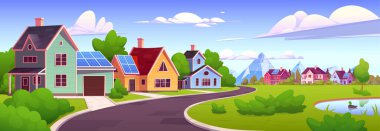 Çatıda yenilenebilir enerji güneş paneli olan bir ev. Köy karikatür vektör geçmişinde ev yapımı için fotovoltaik yeşil sistem. Çatı katındaki otonom akıllı elektrik için modern sürdürülebilir kaynak.