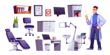 Beyaz arka planda izole edilmiş bir dizi dişçi ve stomatoloji ekipmanı. Koltuğun vektör çizimi, hastane aletleri, masadaki bilgisayar, çerçeveli diploma, raflardaki dosyalar. Doktorların işyeri