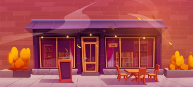 Sonbahar kapağı kitapçı illüstrasyonu. Cam pencere ön planı olan kitapçı binası. Düşen yapraklar ve rüzgarlar kaldırım kenarında vitrin önünde. Klasik şehir evi tasarımı