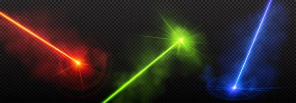 透明な背景にレーザー光の現実的なセットが隔離されます ネオンレッド グリーン ブルーのエネルギー線を煙の効果でベクトルイラスト 明るいプロジェクターライン 未来兵器だ 魔法の閃光 — ストックベクタ