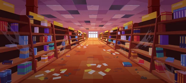 放弃书店矢量卡通背景 供游戏用的图书馆老店室内插图 肮脏的书店 地板上有垃圾 鬼鬼祟祟的大学大楼 没有人前看 — 图库矢量图片