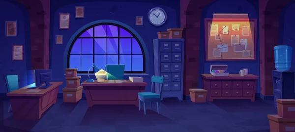 Nacht Polizeidienststelle Innenraum Dunkel Büro Cartoon Hintergrund Mit Lampe Und — Stockvektor