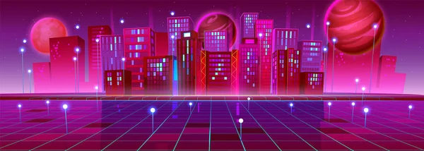 超高層ビルやグローバル通信網を持つ未来都市 夜空の近代的な建物 ネオン星や惑星の現代的なベクトル図 仮想世界接続システム サイバー空間 — ストックベクタ