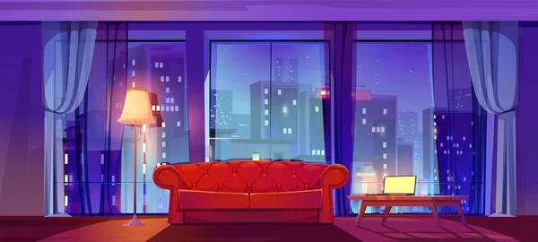 卡通客厅的内部与夜间城市的视野 带有大的全景窗户 雅致的红色沙发 台灯和笔记本电脑的公寓的矢量插图 摩天大楼中奢华的住宅 — 图库矢量图片