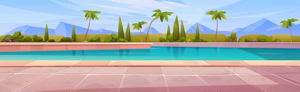 Cartoon Zwembad Met Bergen Aan Horizon Vector Illustratie Van Het — Stockvector