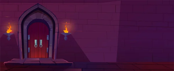 城堡地牢砖墙卡通背景游戏 黑暗的古代奇幻宫殿走廊内部的地下图景 塔楼室内门窗与火焰灯一道敲门声 — 图库矢量图片