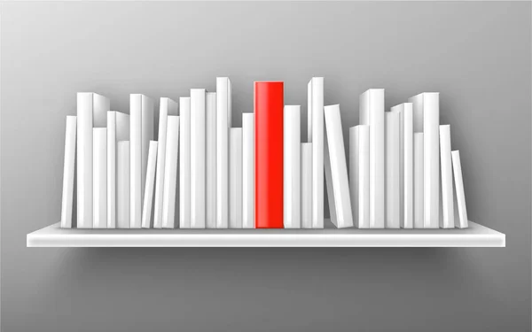Realistic shelf mockup with white and red books isolated on background. Vector illustration of 3D bookshelf hanging on wall, literature with blank spine standing in library, bookstore or at trade fair