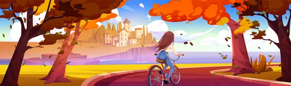 Visão Traseira Jovem Mulher Andando Bicicleta Parque Outono Direção Cidade —  Vetores de Stock