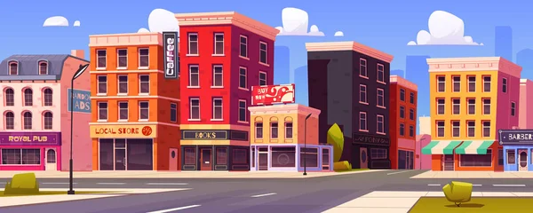 Rohu Cartoon City Street Budovami Vektorové Ilustrace Bytových Domů Hospody — Stockový vektor