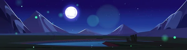 Bergmeer Landschap Nacht Achtergrond Met Maanlicht Blauwe Sterrenhemel Aan Horizon — Stockvector