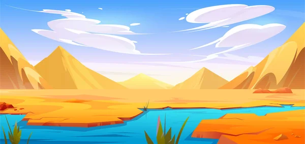 黄色の砂丘や山のベクトル漫画の風光明媚な背景と砂漠の川の風景 乾燥したアフリカのサハラの湖の水とオアシス日当たりの良い青空の下でほこりだらけの緑の植物で地面を割った — ストックベクタ