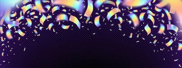 Neonfarbenes Holographisches Konfetti Effekt Rahmenvektorbanner Karneval Mit Regenbogen Hologramm Auf — Stockvektor