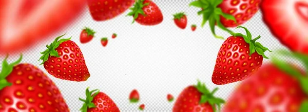 3Dは透明な背景に現実的なイチゴの果実スライスフレームを隔離しました ハーフカットの赤い空飛ぶベリー夏のグラフィックデザイン 秋のスライスされた夏の天然製品グループの境界線の装飾 — ストックベクタ