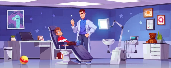 Bureau Dentaire Enfant Dessin Animé Vecteur Enfant Garçon Patient Intérieur — Image vectorielle