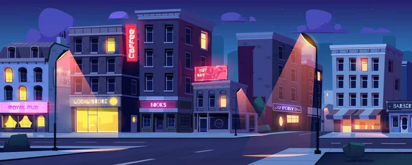 夜城街交叉口卡通矢量背景 城市建筑景观与交叉口和霓虹灯在商店橱窗 市区夜间空旷的沥青路面及公寓外墙 — 图库矢量图片