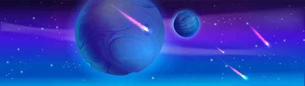 Vesmírné Pozadí Mimozemskými Planetami Vznášejícími Obloze Komety Neonovými Světlými Ocasy — Stockový vektor