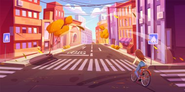 Autumn City caddesinde bisiklet süren genç bir kadın. Kasabada bisiklete binen aktif bir kızın vektör çizimi, müze binası, dükkan cephesi, apartman daireleri, ağaçlardaki sarı yapraklar. Kentsel yaşam tarzı