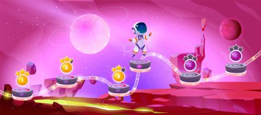 Gezegen vektör ekran arkaplanlı uzay oyunu ui seviye haritası. Uzaylı ya da astronot oyunlarıyla galaksi çizgi filmi çizimi ve macera evreninde yıldız platformunda uçmak. Atari uygulaması arayüzü varlığı