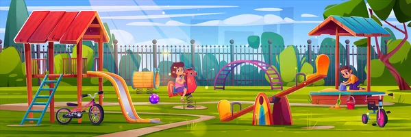 Kinder Spielen Auf Dem Spielplatz Park Oder Kindergarten Sommerlandschaft Garten — Stockvektor