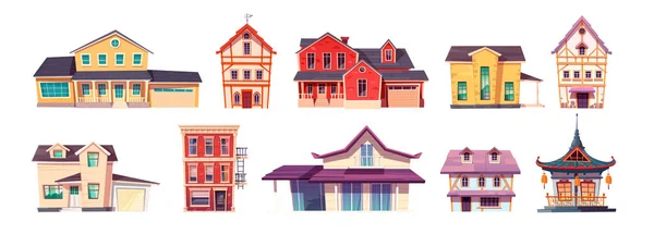 卡通集不同的建筑物隔离在白色的背景上 亚洲风格建筑 带有车库的房子 中国传统庙宇 公寓的矢量图解 — 图库矢量图片