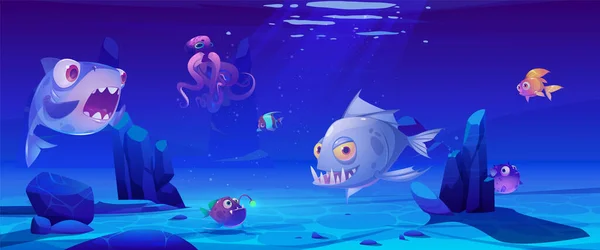 Sea Underwater Cartoon Vector Scene Fish Deep Water Illustration Light — Stock Vector