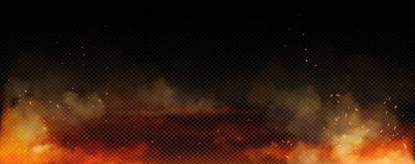 煙と炎の背景と火災火花オーバーレイ 雲の分離透明ベクトルでグリル熱グロー 現実的な飛行オレンジの輝き抽象的なイラスト 熱いシンダーで燃える地獄のたき火 — ストックベクタ