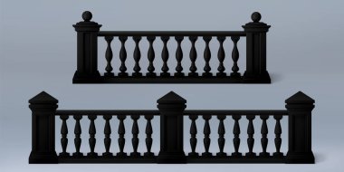 Roma taş sütunlu 3D siyah balkon balkonu. Saray verandası çiti vektörü mermer korkuluğu izole etti. Barok sütun png setiyle gerçekçi Avrupa dekoratif korkuluk tasarımı ögesi