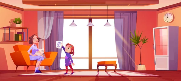 Home Wohnzimmer Interieur Mit Kindershow Zeichnen Mutter Cartoon Hintergrund Illustration — Stockvektor
