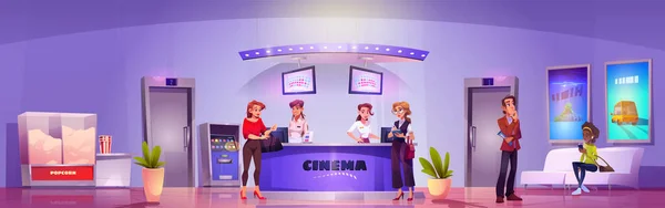 Cinema Kantoor Hal Met Ticket Popcorn Bar Vrouwen Stoel Buurt — Stockvector