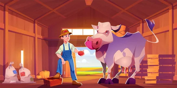 納屋の漫画のベクトル図で牛と男の農家 農場の村と若い男の子はリンゴで家畜を養う 田舎の風景と理髪店のゲームシーンでの農民職業キャラクター — ストックベクタ