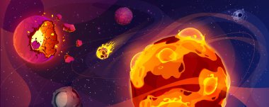Yanan yabancı gezegenlerle dolu bir arka plan. Yanan kozmik cisimlerin, gece gökyüzünde uçan kayalık meteorların ve sıcak taşların vektör çizimi. Apocalypse macera arkaplanı