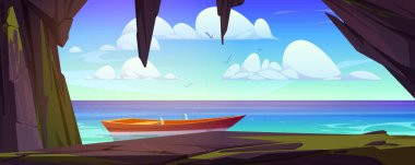 Sea landscape with cave and boat. Stone cavern entrance with view to lake, wooden boat on water, clouds and flying birds in sky, vector cartoon illustration clipart