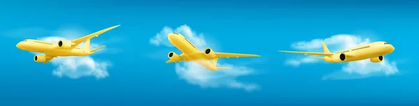 Желтый Самолет Летит Голубом Фоне Неба Пейзаж Облаком Векторная Иллюстрация — стоковый вектор