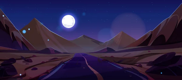 エジプトの満月の夜の道路アフリカの砂の砂漠のベクトル漫画のイラスト 空の星と月明かりのゲームの背景とアフリカのロッキー山脈の丘の地形 干ばつ荒野アスファルトルート — ストックベクタ