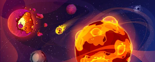Fundal Spaţial Planete Extraterestre Flăcări Ilustrație Desene Animate Vectoriale Corpurilor — Vector de stoc