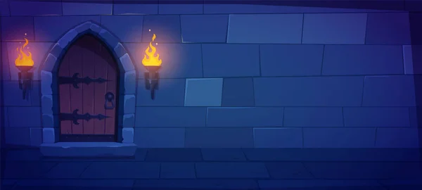 城ダンジョンゲームのレンガ造りの壁の漫画の背景 暗い古代のファンタジー宮殿の廊下のインテリアイラスト地下のシーン トーチライトシーンでノックするタワー室内ドア — ストックベクタ