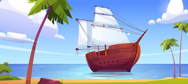 Barco Retro Dibujos Animados Con Velas Blancas Costa Verano Isla — Vector de stock
