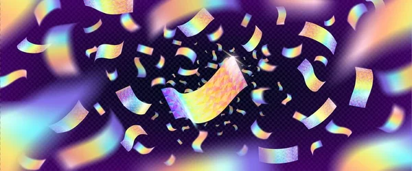 ネオンホログラフィック効果を持つカーニバルのコンフェッティ 虹色のコンフェッティの爆発 透明な背景に隔離された抽象的なお祝いのテクスチャ ベクトル現実的なイラスト — ストックベクタ
