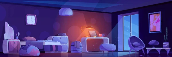 夜は漫画のグルービーベッドルーム レトロな家具 ベッド ランプ 机の上にノートパソコン アームチェア 抽象的な画像 壁に時計 ガラスバルコニーのドアと部屋のインテリアのベクトルイラスト 居心地の良いアパート — ストックベクタ