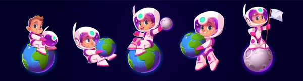 Conjunto Desenhos Animados Criança Astronauta Brincando Com Planetas Isolados Fundo — Vetor de Stock