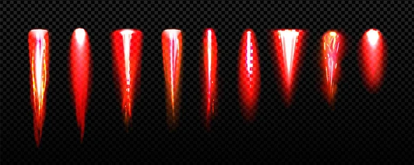 透明な背景に隔離されたロケット発射台の現実的なセット 赤い炎のベクトルイラスト ジェット機離陸後の煙爆発 宇宙船の打ち上げ シャトルの軌道 高速起動 — ストックベクタ