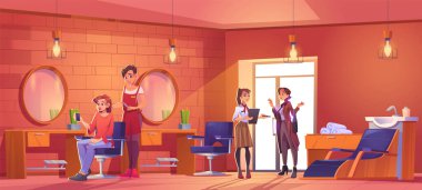 Saç kuaförü iç mekan vektör karikatür çizimi. Makyaj aynası, kozmetik, ışık ve insanlar olan kuaför atölyesi. Web sitesi için mutlu stilist ve modele sahip klasik salon servisi